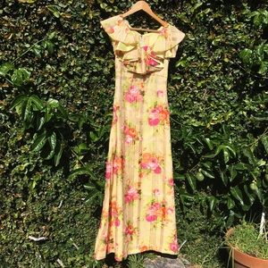 Vintage 70s Plaid Roses Satin Taffeta Maxi Dress